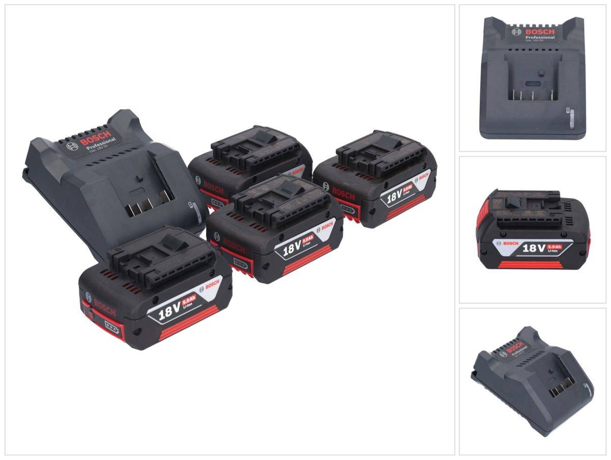 Bosch GAL 18V-20 Akku Ladegerät 10,8 - 18 V 2 A ( 2607226281 ) + 4x GBA 18 V 5,0 Ah Akku ( 4x 2607337069 )