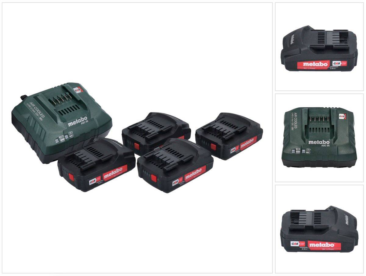 Metabo Basic Set 4x Li-Power Akkupack 18 V 2,0 Ah CAS Li-Ion Akku ( 4x 625596000 ) + ASC 55 Ladegerät AIR COOLED 12 - 36 V ( 627044000 )