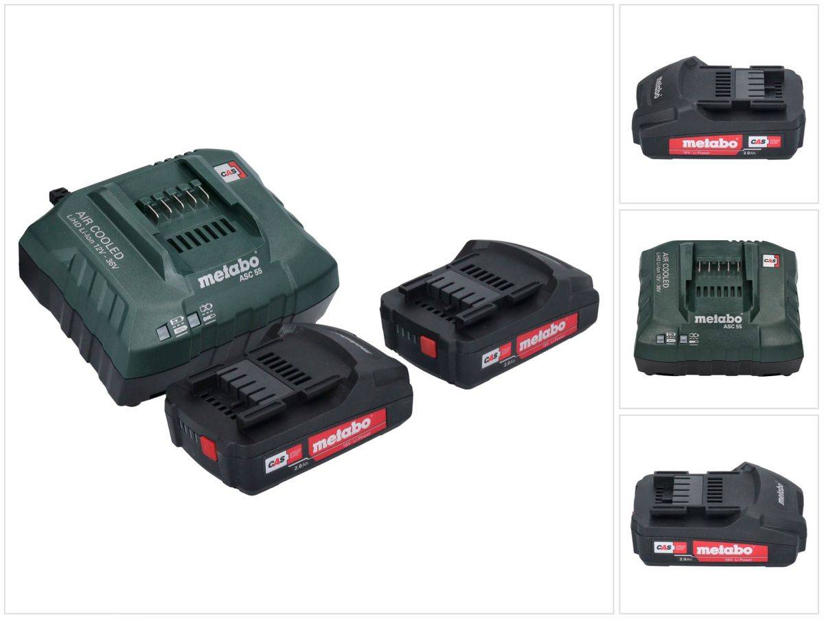Metabo Basic Set 2x Li-Power Akkupack 18 V 2,0 Ah CAS Li-Ion Akku ( 2x 625596000 ) + ASC 55 Ladegerät AIR COOLED 12 - 36 V ( 627044000 )