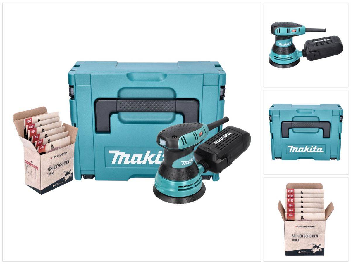 Makita BO 5031 J Exzenterschleifer Schleifmaschine 300 Watt 125 mm + Toolbrothers TURTLE Schleifset + Makpac