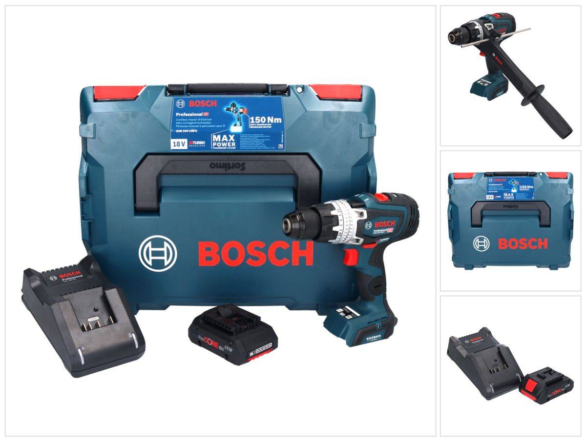 Bosch GSB 18V-150 C Professional Akku Schlagbohrschrauber 18 V 150 Nm Biturbo Brushless + 1x ProCORE Akku 4,0 Ah + Ladegerät + L-Boxx