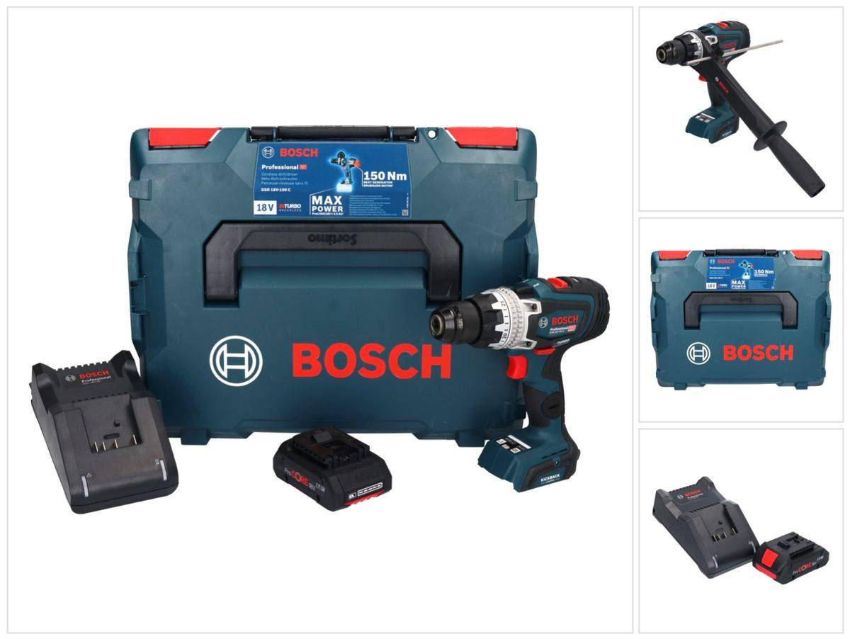 Bosch GSR 18V-150 C Professional Akku Bohrschrauber 18 V 150 Nm Biturbo Brushless + 1x ProCORE Akku 4,0 Ah + Ladegerät + L-Boxx