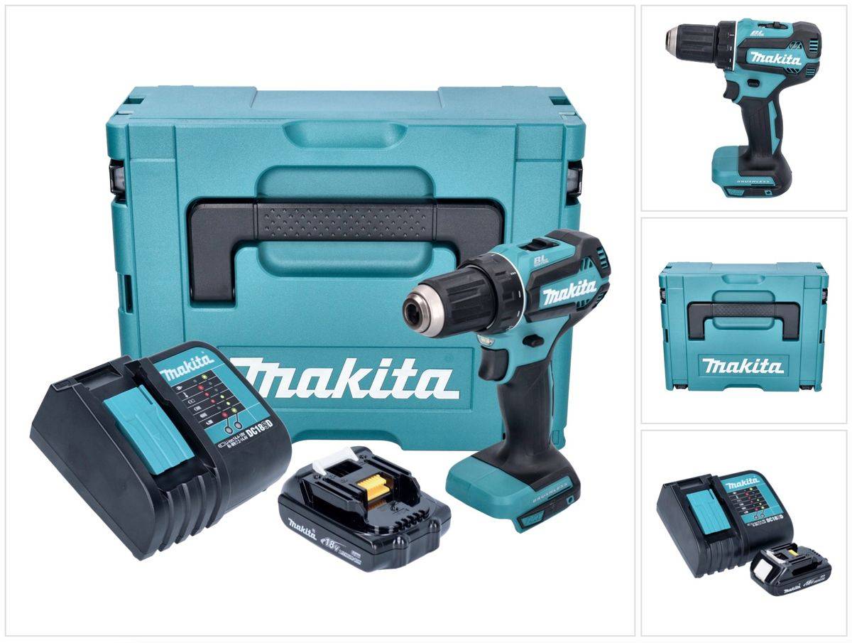 Makita DDF 485 SY1J Akku Bohrschrauber 18 V 50 Nm Brushless + 1x Akku 1,5 Ah + Ladegerät + Makpac