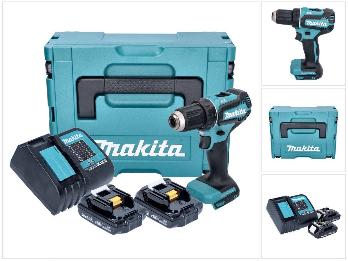 Makita DDF 485 SYJ Akku Bohrschrauber 18 V 50 Nm Brushless + 2x Akku 1,5 Ah + Ladegerät + Makpac