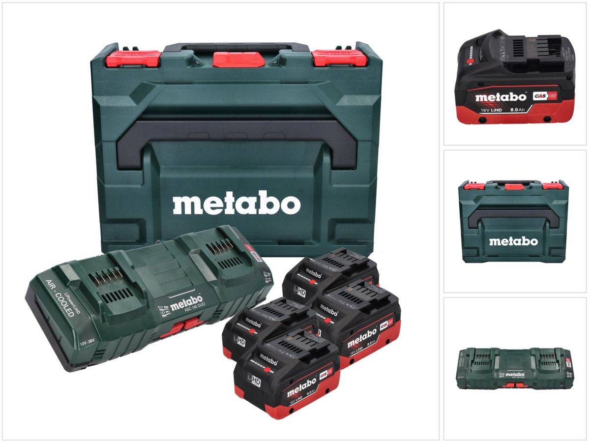 Metabo Basis Set 4x Li-Power Akkupack 18 V 8,0 Ah CAS Li-Ion Akku ( 685135000 ) + DUO Doppel Ladegerät ASC 145 + metaBOX