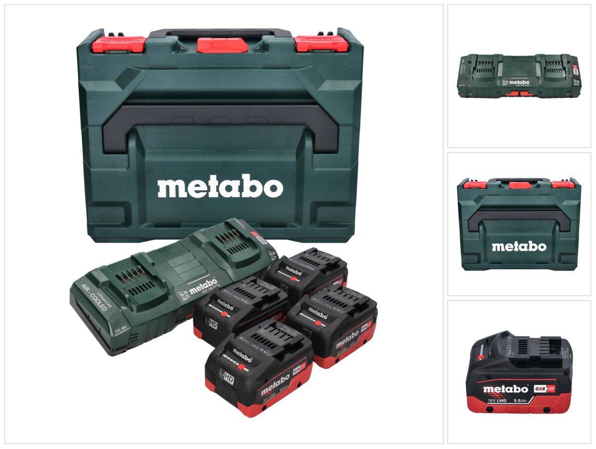 Metabo Basis Set 4x LiHD Akkupack 18 V 5,5 Ah Li-Ion Akku CAS System ( 685180000 ) + ASC 145 DUO Doppel Ladegerät + metaBOX