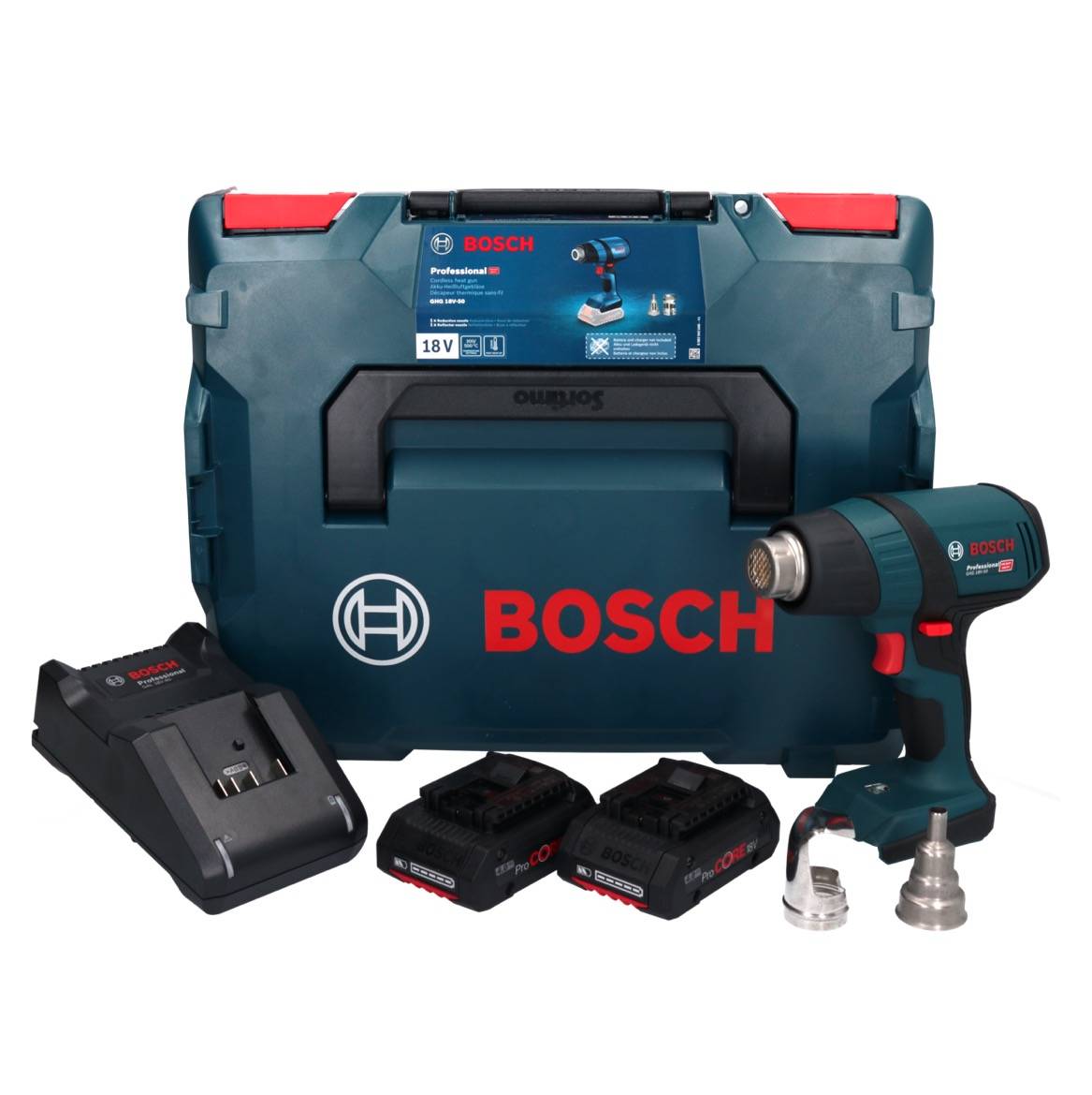Bosch GHG 18V-50 Professional Akku Heissluftgebläse 18 V 300° C / 500° C + 2x ProCORE Akku 4,0 Ah + Ladegerät + L-Boxx