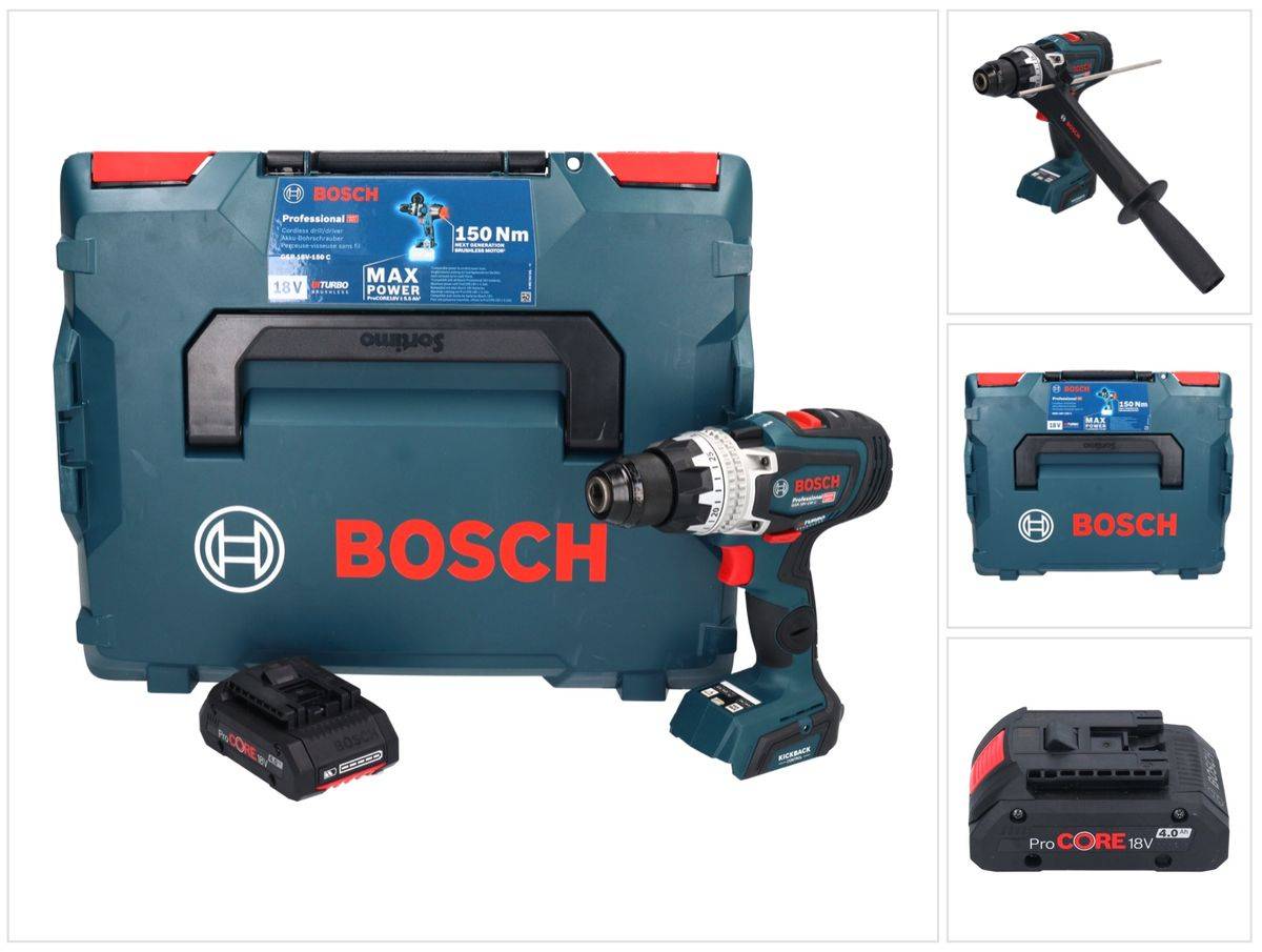 Bosch GSR 18V-150 C Professional Akku Bohrschrauber 18 V 150 Nm Biturbo Brushless + 1x ProCORE Akku 4,0 Ah + L-Boxx - ohne Ladegerät