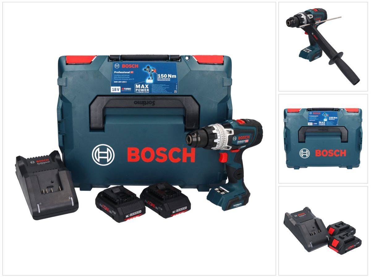 Bosch GSR 18V-150 C Professional Akku Bohrschrauber 18 V 150 Nm Biturbo Brushless + 2x ProCORE Akku 4,0 Ah + Ladegerät + L-Boxx