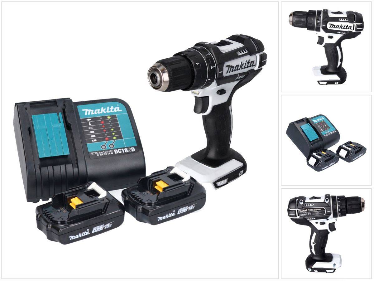 Makita DHP 482 SYW Akku Schlagbohrschrauber 18 V 62 Nm Weiß + 2x Akku 1,5 Ah + Ladegerät
