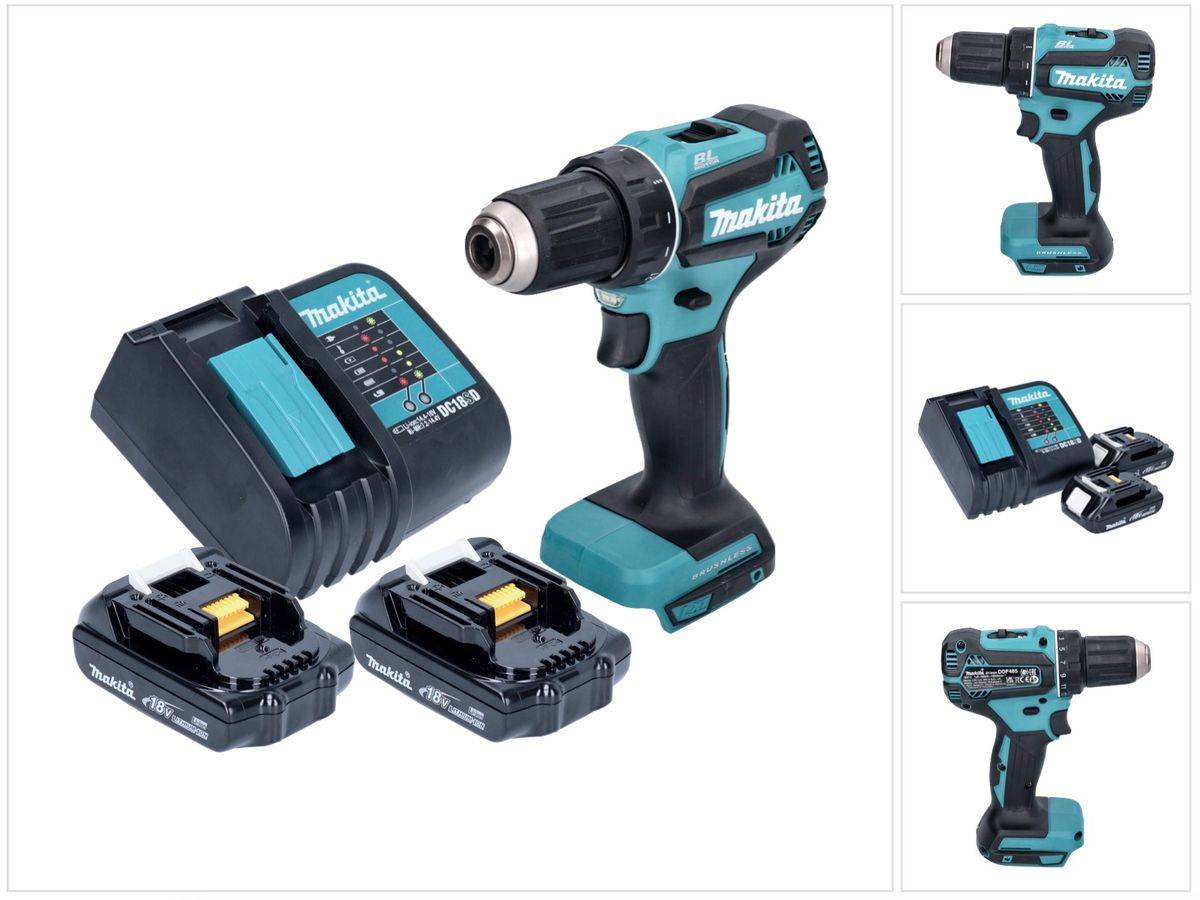 Makita DDF 485 SY Akku Bohrschrauber 18 V 50 Nm Brushless + 2x Akku 1,5 Ah + Ladegerät