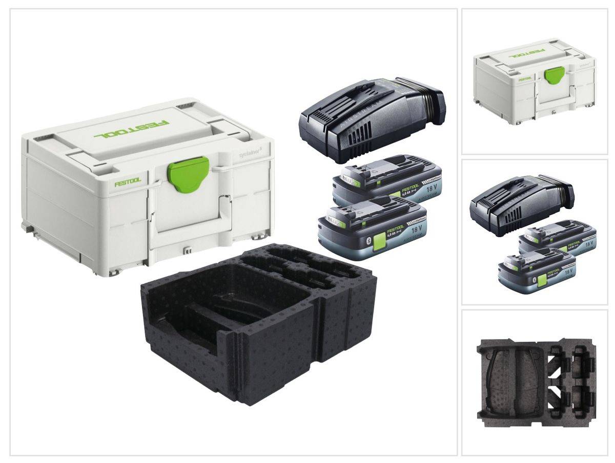 Festool Energie Set 2x BP 18 Li 4,0Ah HPC-ASI Akkupack 18V 4,0Ah HighPower ( 2x 205034 ) + SCA 16 Schnellladegerät 10,8 V - 18 V ( 576953 )
