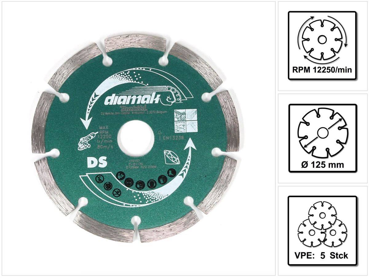 Makita Diamak 125 mm 5 Stk. ( 5x D-61139 ) Diamant Trennscheibe für Stein, Beton Aufnahme 22,23 mm
