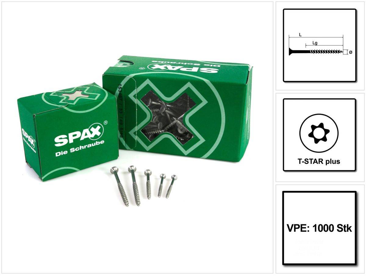 SPAX Universalschraube 3,5 x 30 mm 1000 Stk. TORX T-STAR plus T15 WIROX Senkkopf Teilgewinde 4Cut-Spitze 0191010350305