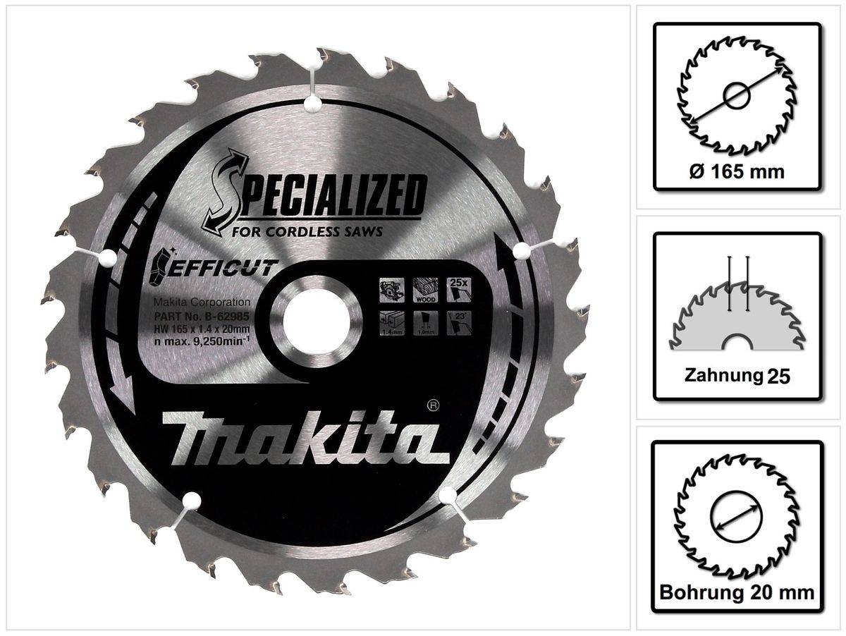 Makita EFFICUT Kreissägeblatt für Holz 165 x 1,4 x 20 mm 25 Zähne ( B-62985 )