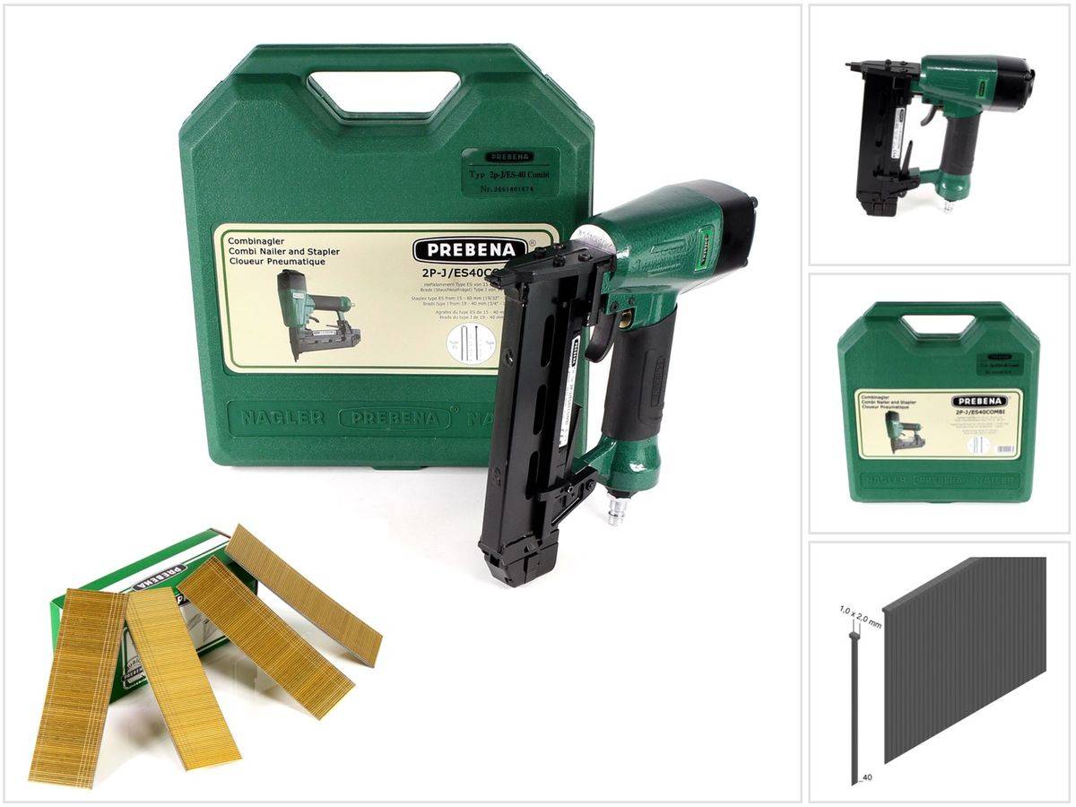 Prebena Druckluftnagler 2P-J/ES 40 COMBI 5 bis 7 Bar - im Transportkoffer + Prebena J 40 CNKHA Stauchkopfnägel Brads 40 mm 5000 Stück