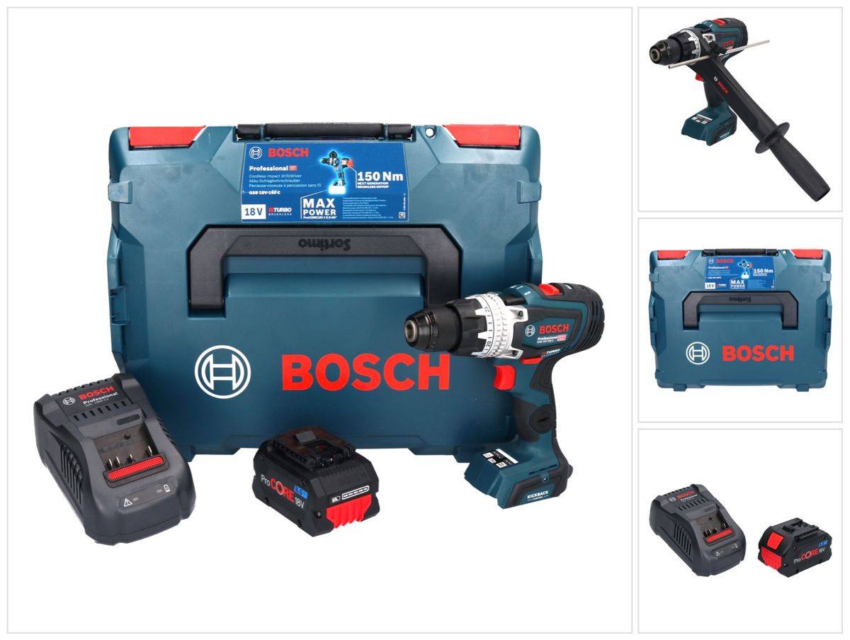 Bosch GSB 18V-150 C Professional Akku Schlagbohrschrauber 18 V 150 Nm Biturbo Brushless + 1x ProCORE Akku 8,0 Ah + Ladegerät + L-Boxx