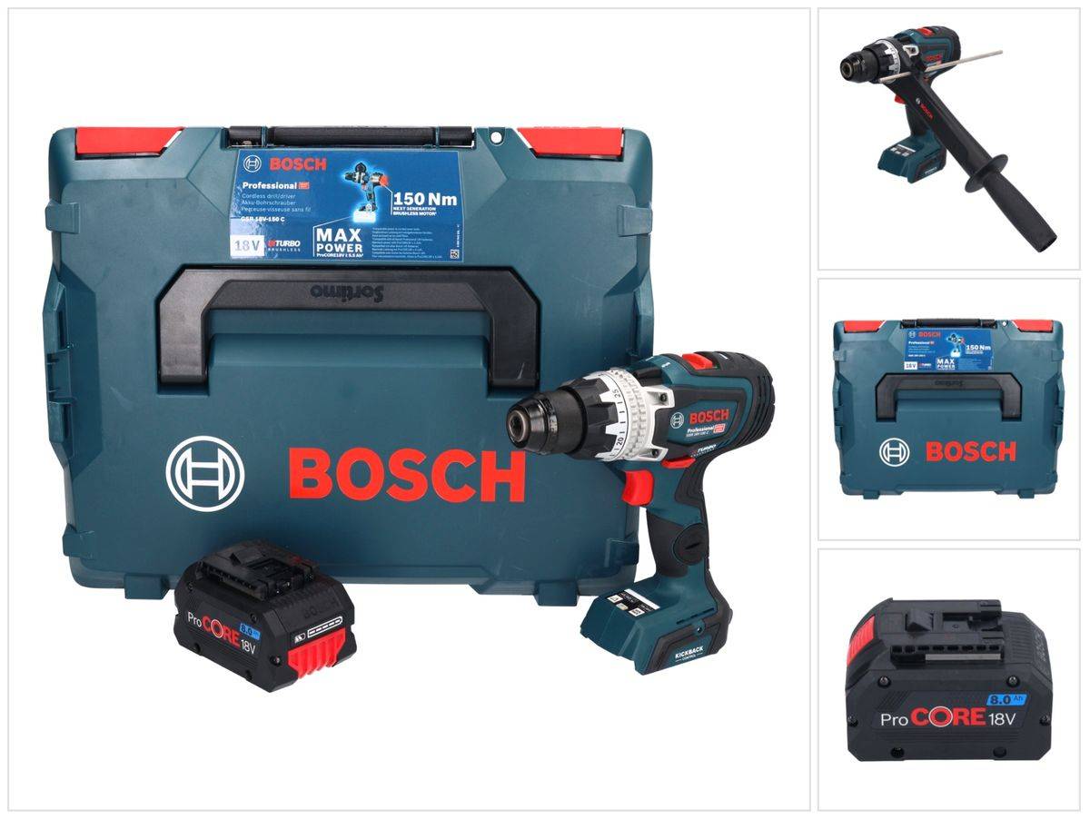 Bosch GSR 18V-150 C Professional Akku Bohrschrauber 18 V 150 Nm Biturbo Brushless + 1x ProCORE Akku 8,0 Ah + L-Boxx - ohne Ladegerät
