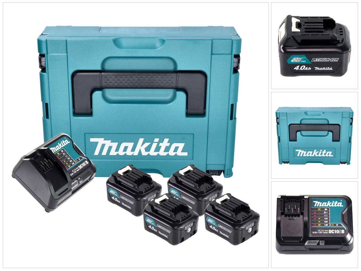 Makita Power Source Kit 4x BL 1041 B Akku 12 V max. 4,0 Ah CXT ( 4x 197406-2 ) + DC 10 SB Ladegerät ( 197363-4 ) + Makpac