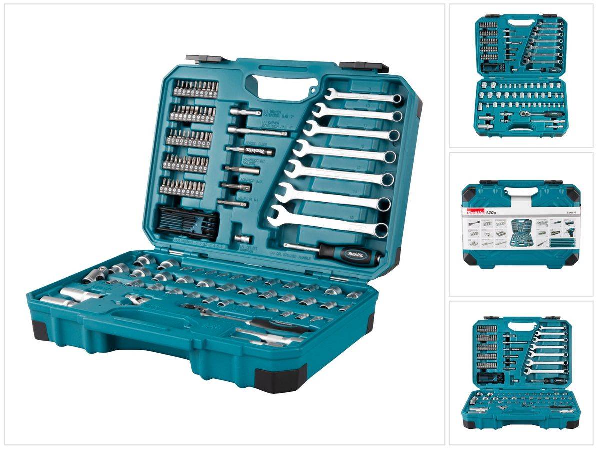 Makita Werkzeug Set 3/8" 1/4" 120 tlg. ( E-06616 ) Schraubendreher / Ratsche / Schraubenschlüssel / Bits + Koffer