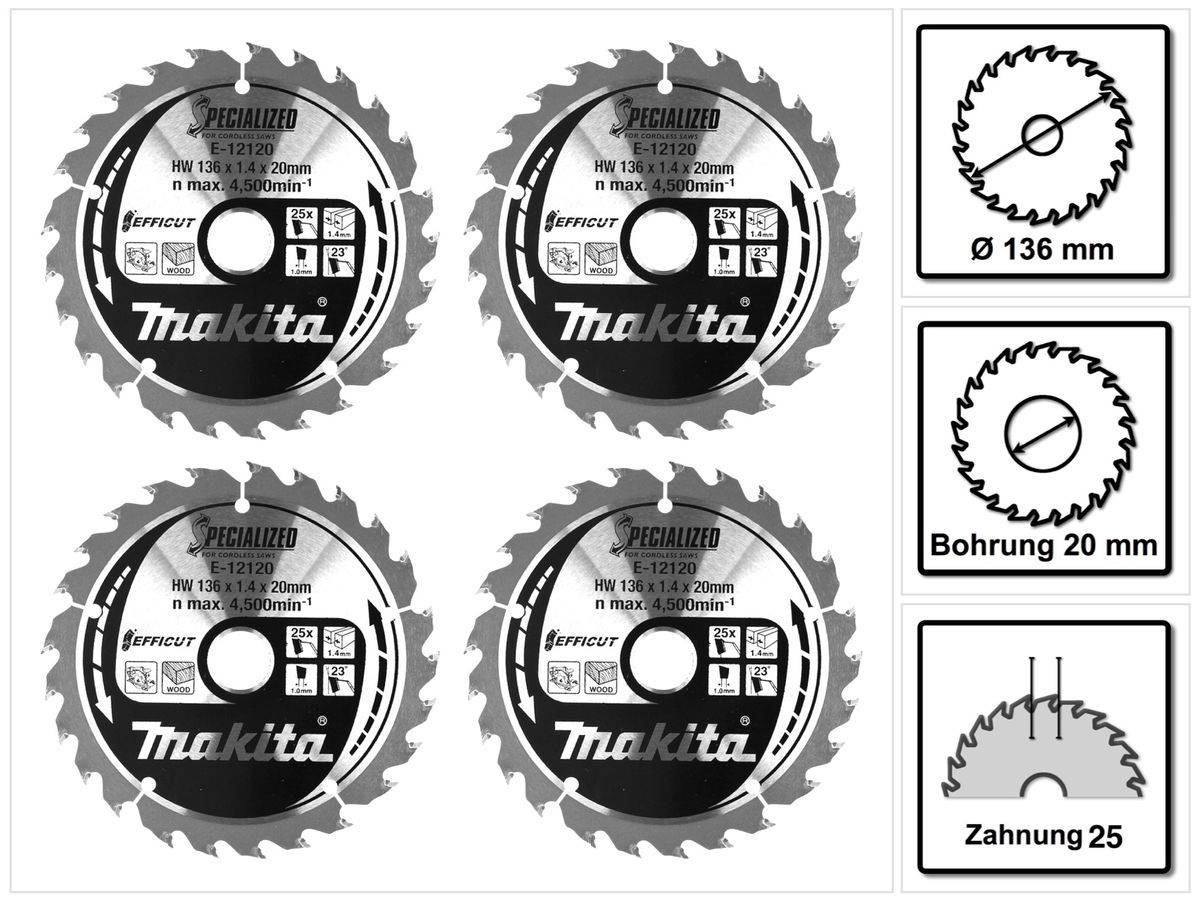Makita CCM13625E SPECIALIZED EFFICUT Sägeblatt 4 Stk. ( 4x E-12120 ) 136 x 1,4 x 20 mm 25 Zähne für Holz