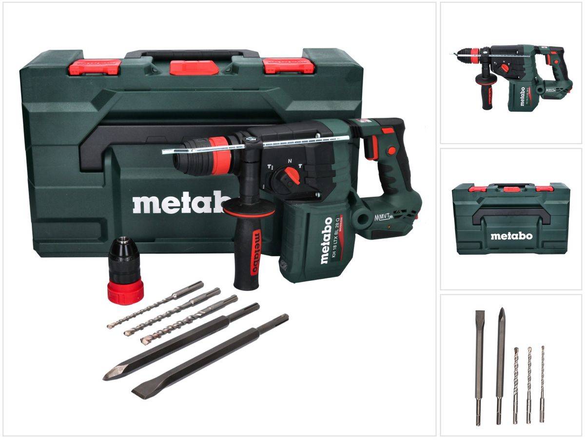 Metabo KH 18 LTX BL 28 Q Akku Bohrhammer 18 V 3 J SDS plus Brushless + 5 tlg. Bohrer Meißel Set + metaBOX - ohne Akku, ohne Ladegerät