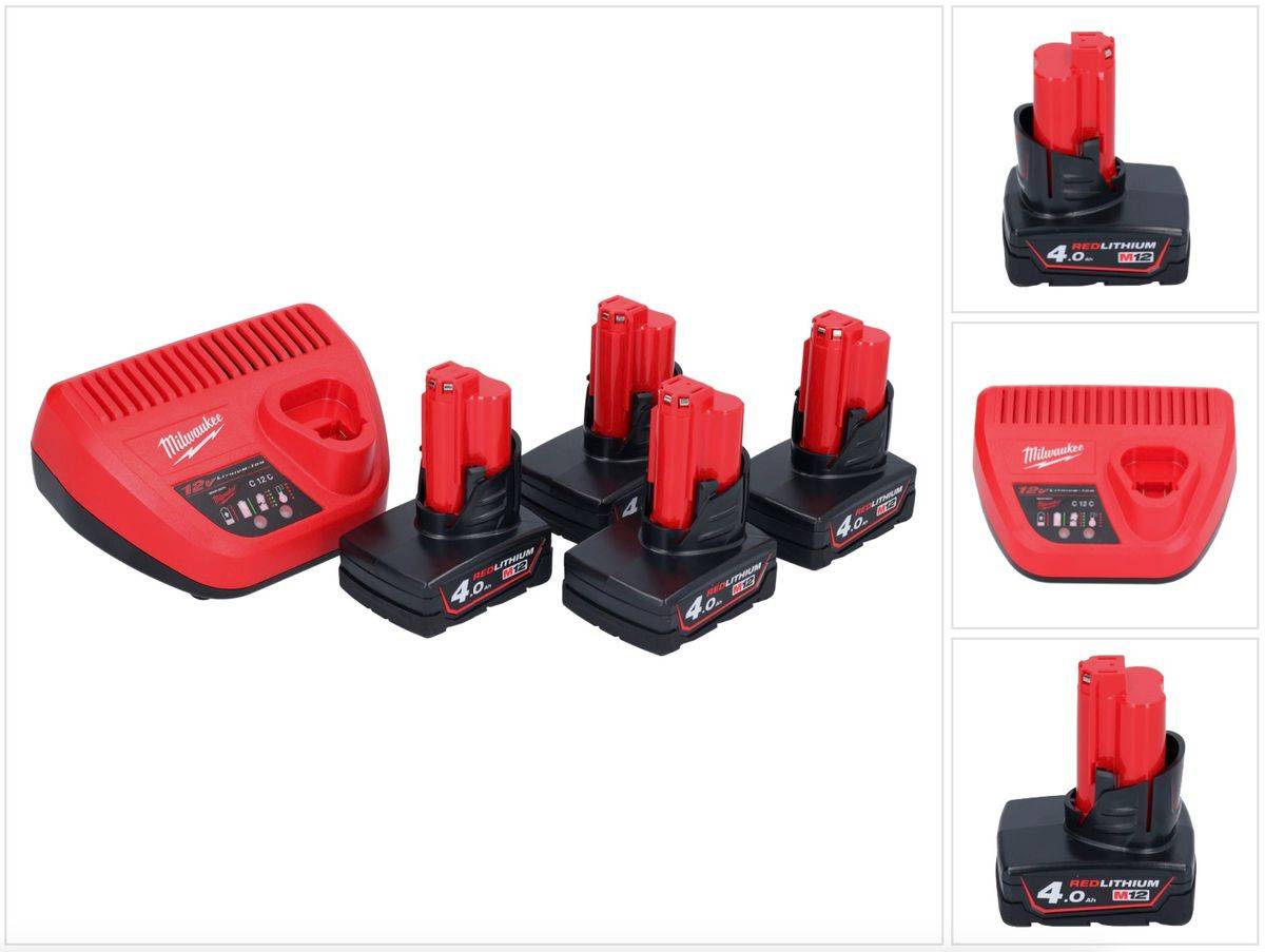 Milwaukee M12 NRG-404 Akku Starter Set 4x 12 V 4,0 Ah / 4000 mAh Li-Ion Akku + C12 C Ladegerät