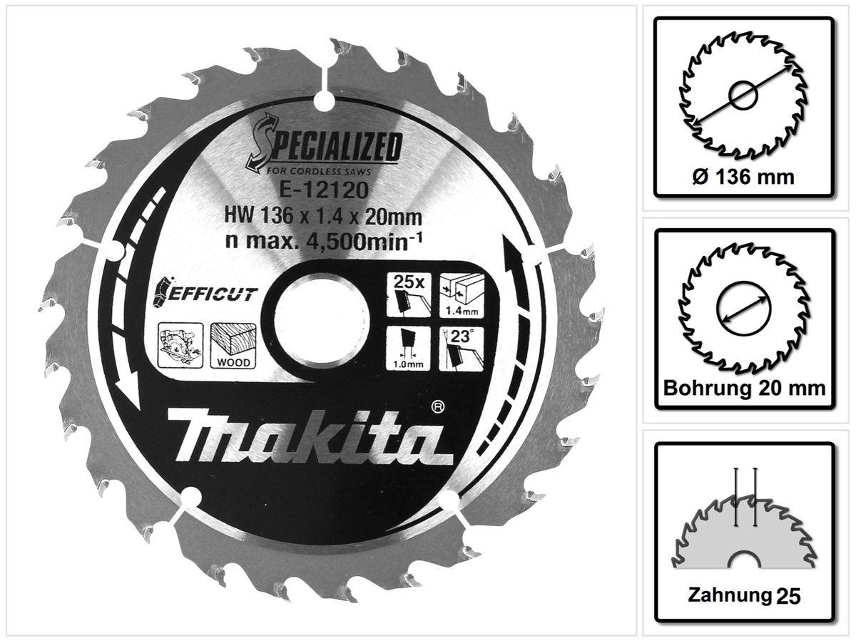 Makita CCM13625E SPECIALIZED EFFICUT Sägeblatt ( E-12120 ) 136 x 1,4 x 20 mm 25 Zähne für Holz