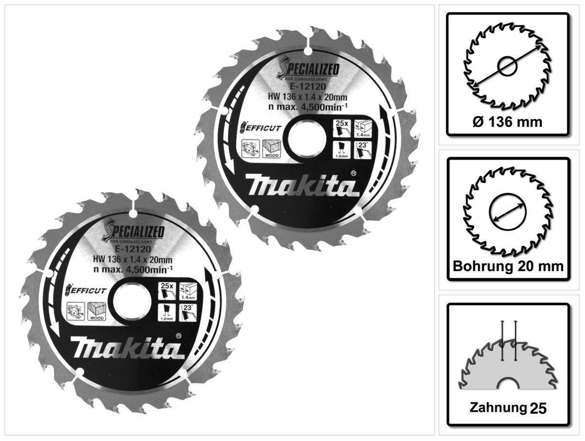 Makita CCM13625E SPECIALIZED EFFICUT Sägeblatt 2 Stk. ( 2x E-12120 ) 136 x 1,4 x 20 mm 25 Zähne für Holz