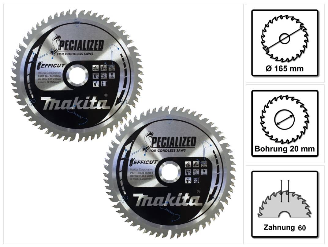 Makita CMSF16560E SPECIALIZED EFFICUT Sägeblatt 165 x 1,85 x 20 mm 2 Stk. ( 2x B-69864 ) 60 Zähne für Holz