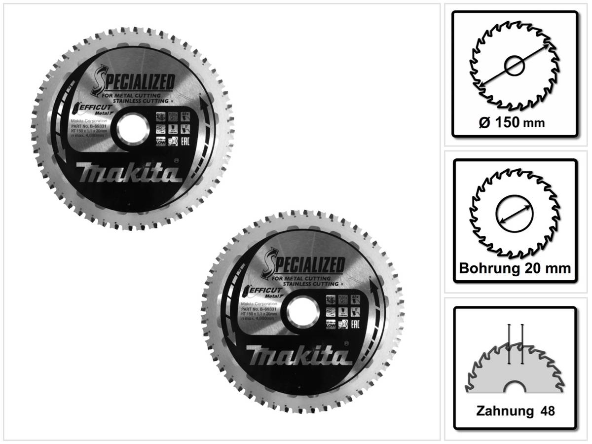 Makita MCCS15048E SPECIALIZED EFFICUT Sägeblatt 150 x 20 x 1,1 mm 2 Stk. ( 2x B-69331 ) 48 Zähne für Metall