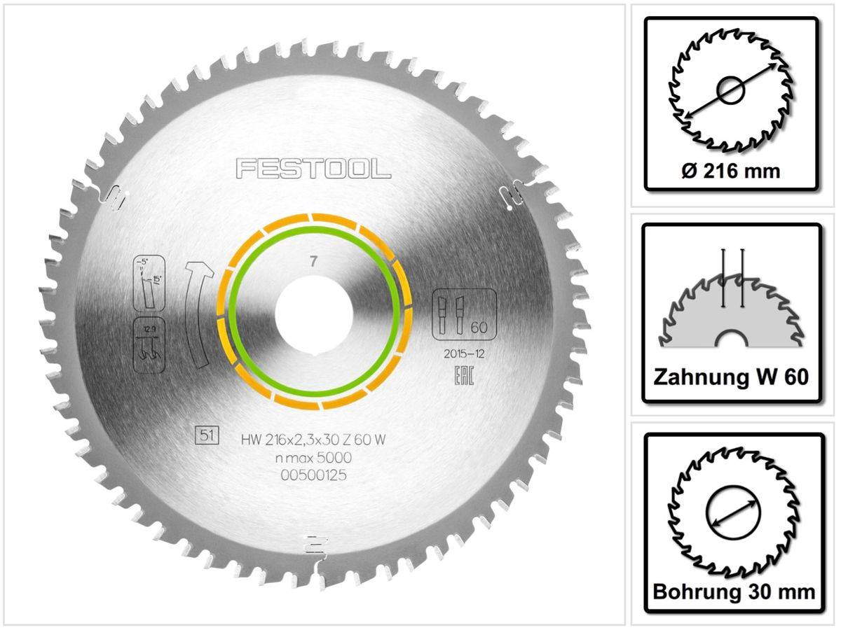 Festool Feinzahn Kreissägeblatt HW 216 x 30 x 2,3 mm W60 216 mm 60 Zähne ( 500125 )