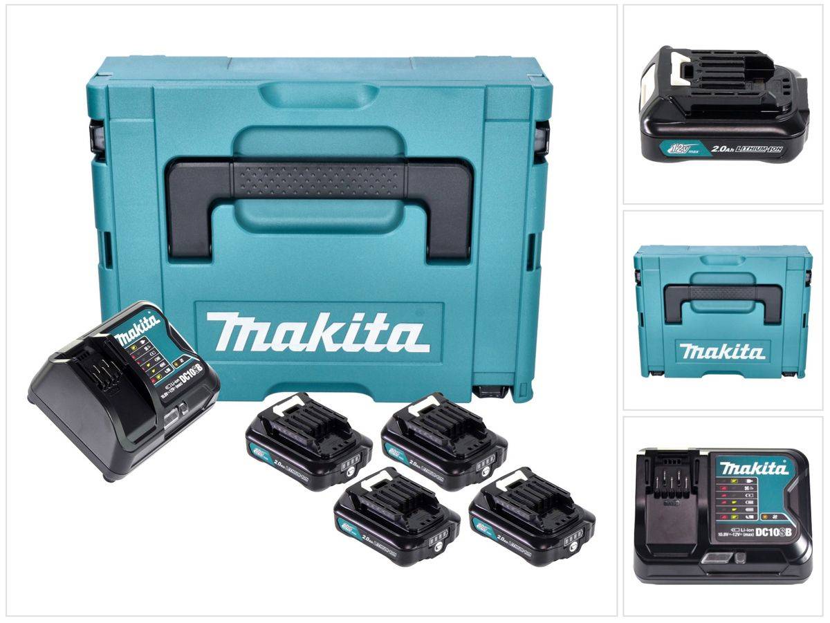 Makita Power Source Kit 4x BL 1021 B Akku 12 V max. 2,0 Ah CXT ( 4x 197396-9 ) + DC 10 SB Ladegerät ( 197363-4 ) + Makpac