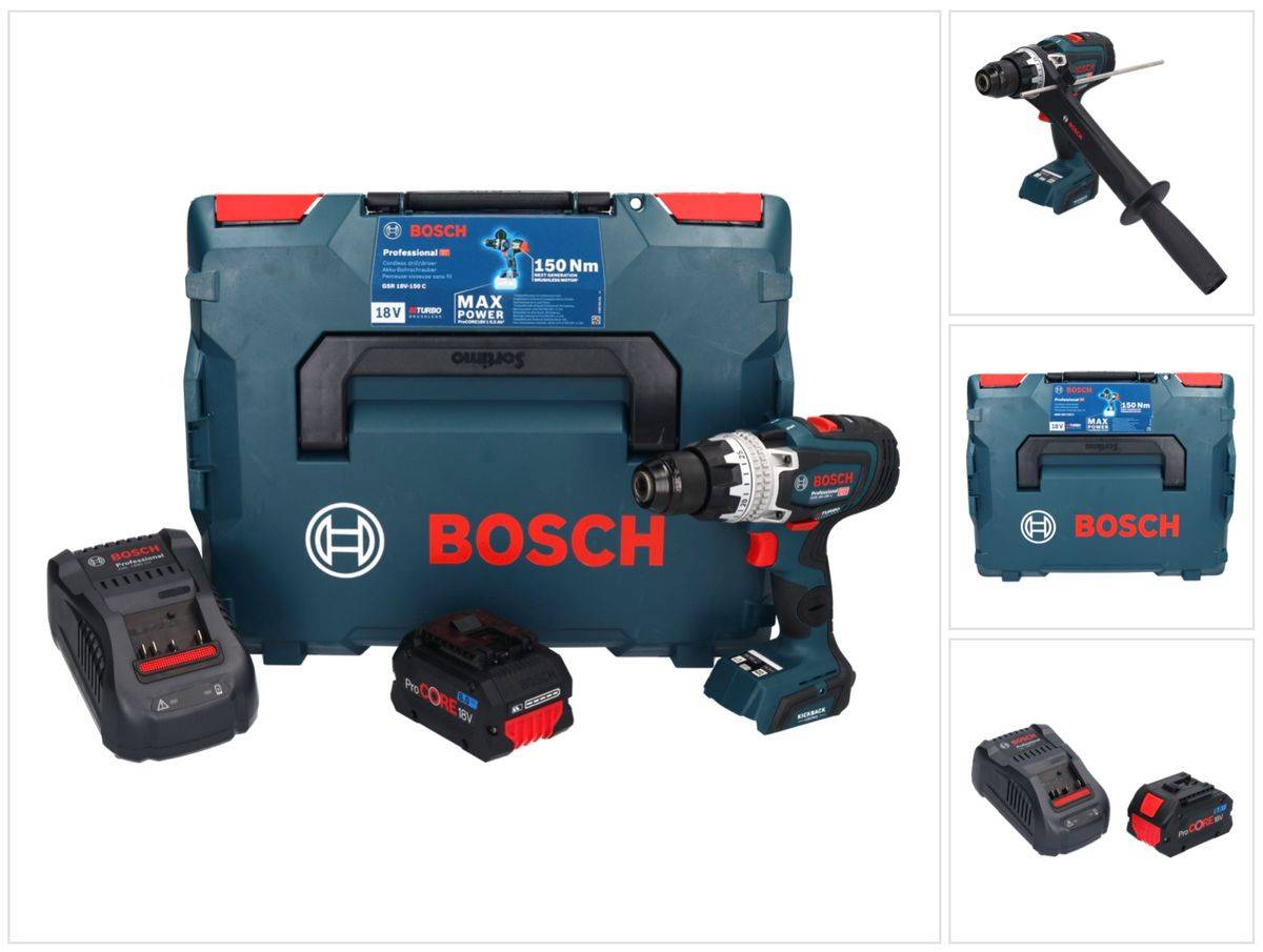 Bosch GSR 18V-150 C Professional Akku Bohrschrauber 18 V 150 Nm Biturbo Brushless + 1x ProCORE Akku 8,0 Ah + Ladegerät + L-Boxx