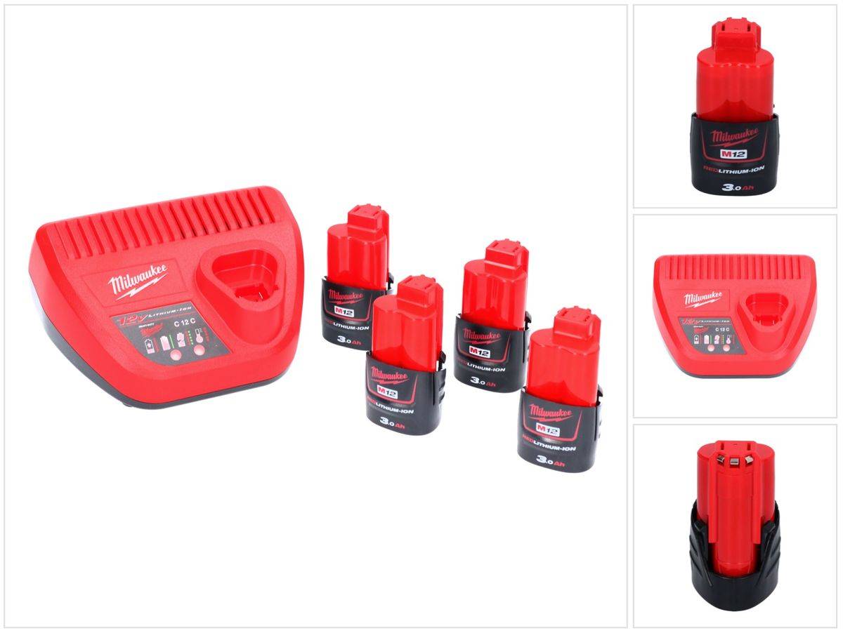 Milwaukee M12 NRG-304 Akku Starter Set 4x 12 V 3,0 Ah / 3000 mAh Li-Ion Akku ( 4x 4932451388 ) + M12-C12C Ladegerät ( 4932352000 )