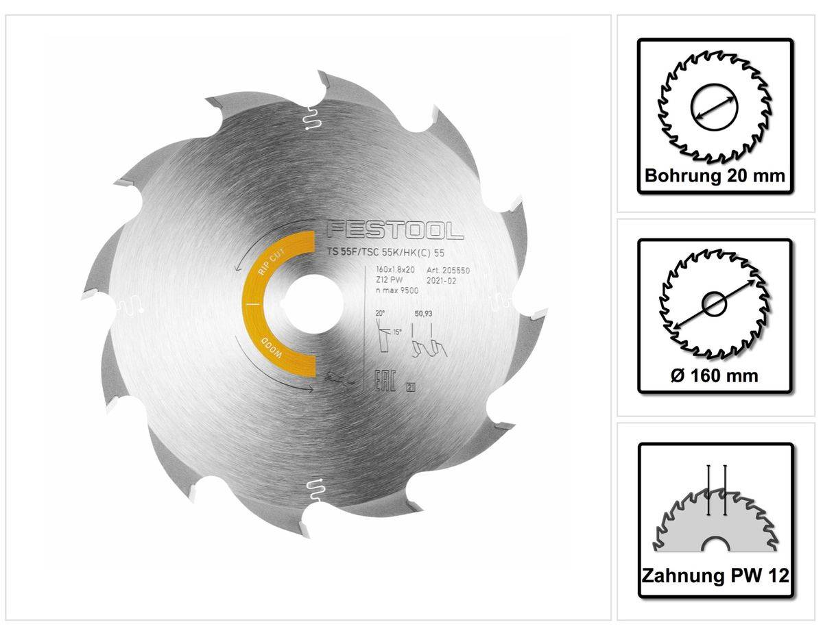 Festool Kreissägeblatt Wood Rip Cut HW 160 x 1,8 x 20 mm PW12 ( 205550 ) für Tauchsägen TS 55 F, TSC 55 K & Handkreissägen HK 55, HKC 55