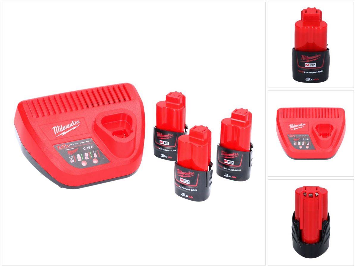 Milwaukee M12 NRG-303 Akku Starter Set 3x 12 V 3,0 Ah / 3000 mAh Li-Ion Akku ( 4933459207 ) + M12-C12C Ladegerät