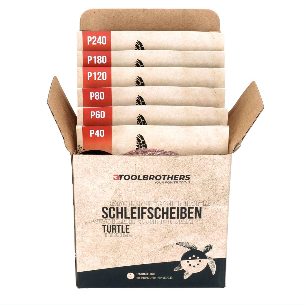 4x Toolbrothers TURTLE Schleifset 125mm + Milwaukee M18 BOS125-0 Akku Exzenterschleifer 18V 125mm Solo - ohne Akku, ohne Ladegerät