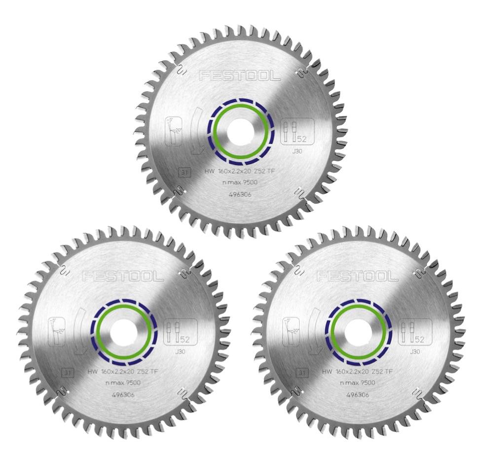 Festool Spezial Kreissägeblatt Set 3x HW 160 x 20 x 2,2 mm TF52 ( 3x 496306 ) 160 mm 52 Zähne
