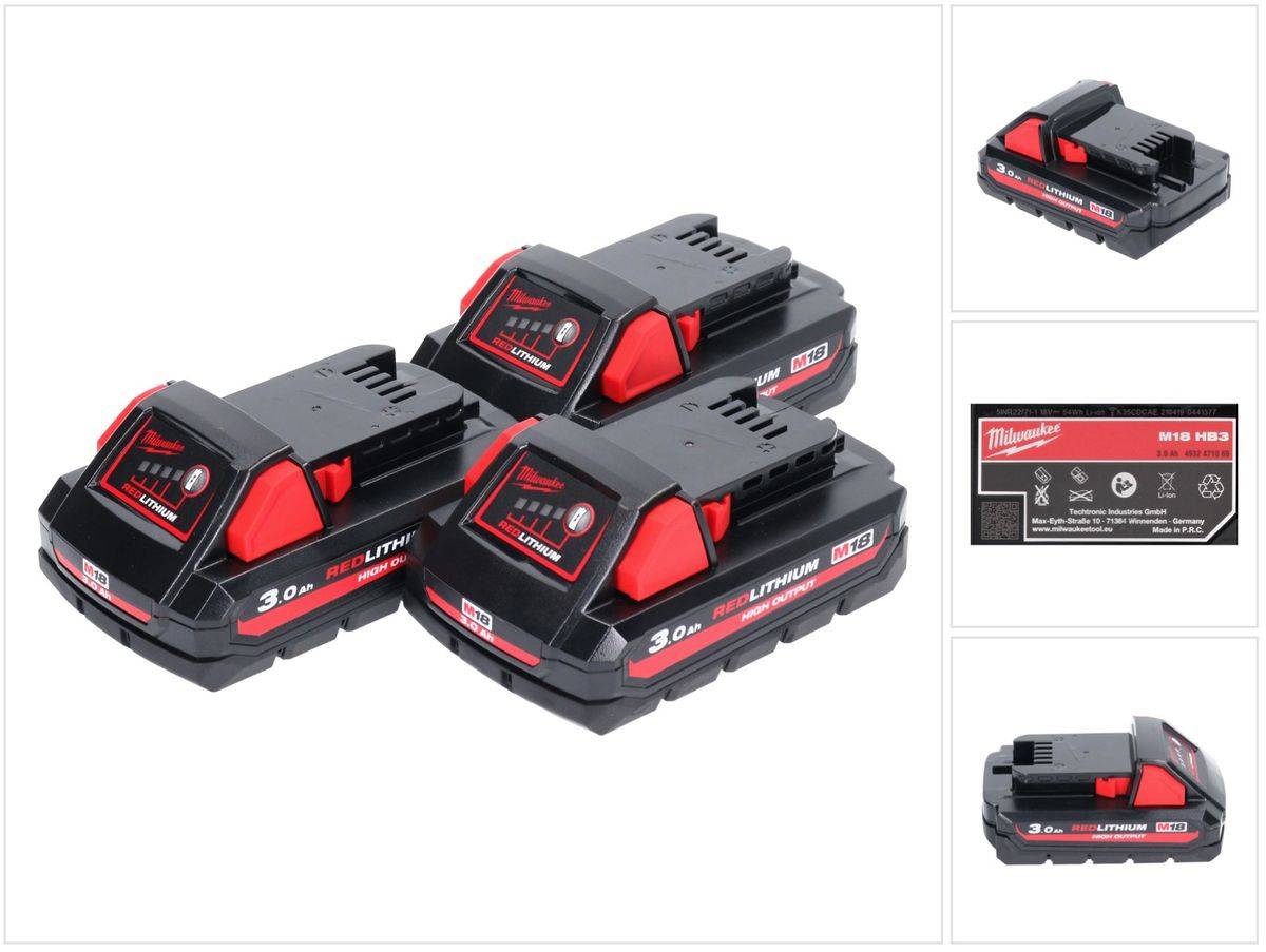 Milwaukee M18 HB3 High Output 3x 18 V 3,0 Ah / 3000 mAh Li-Ion Akku ( 3x 4932471069 ) mit Ladestandsanzeige