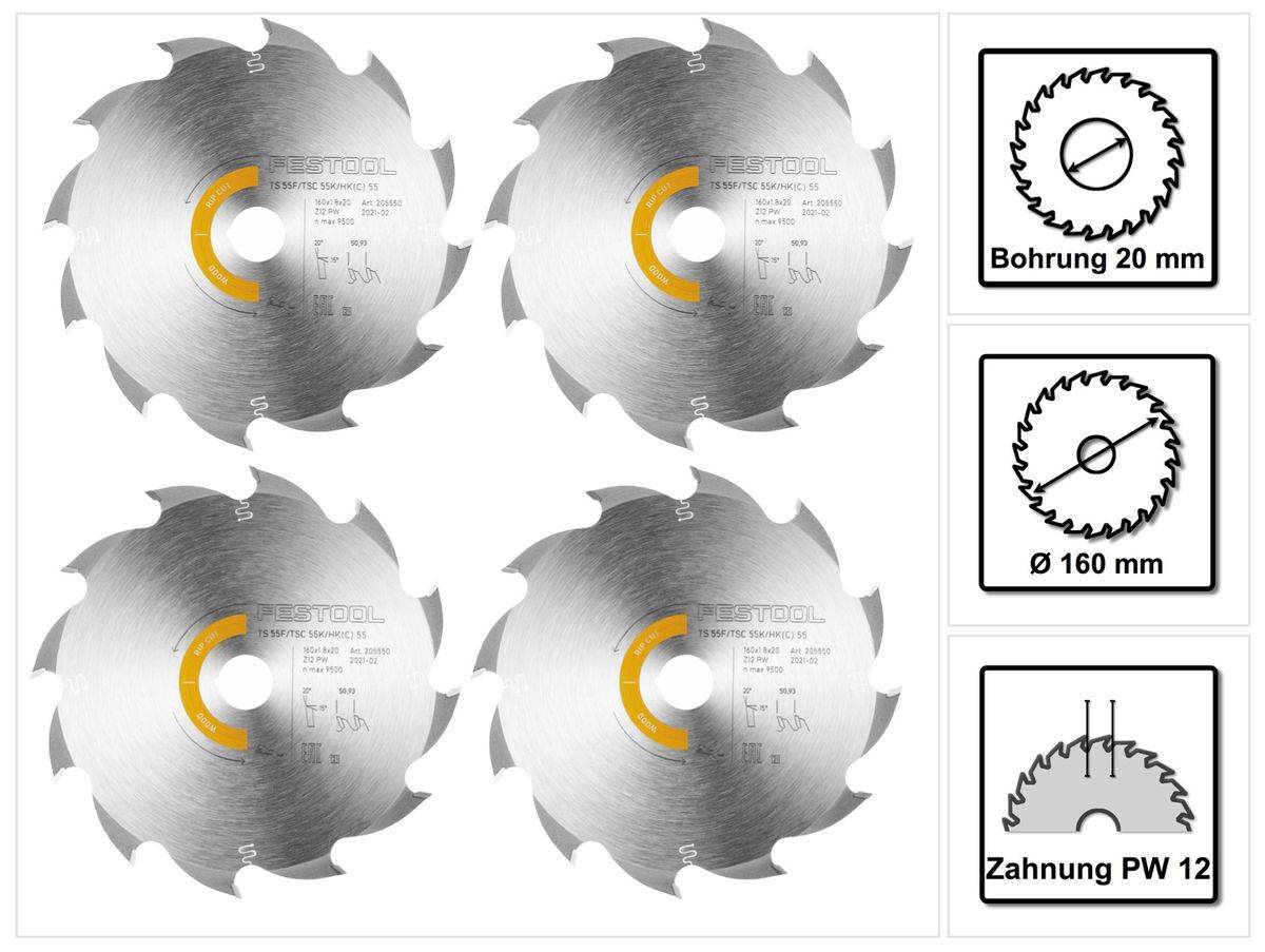 Festool 4x Kreissägeblatt Wood Rip Cut HW 160 x 1,8 x 20 mm PW12 ( 4x 205550 ) für Tauchsägen TS 55 F, TSC 55 K & Handkreissägen HK 55, HKC 55