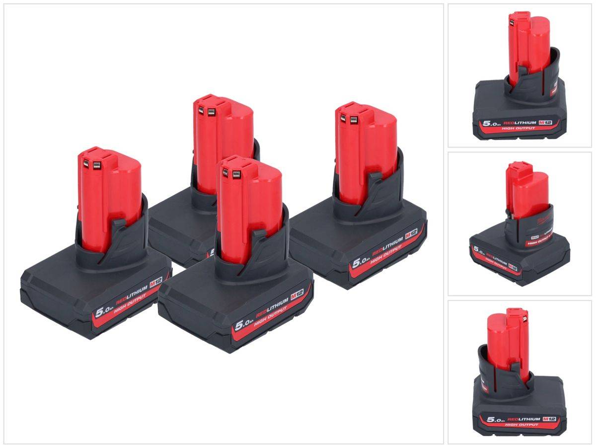 Milwaukee Akku Set 4x M12 HB5 High Output 12 V 5,0 Ah / 5000 mAh Li-Ion Akku ( 4x 4932480165 )