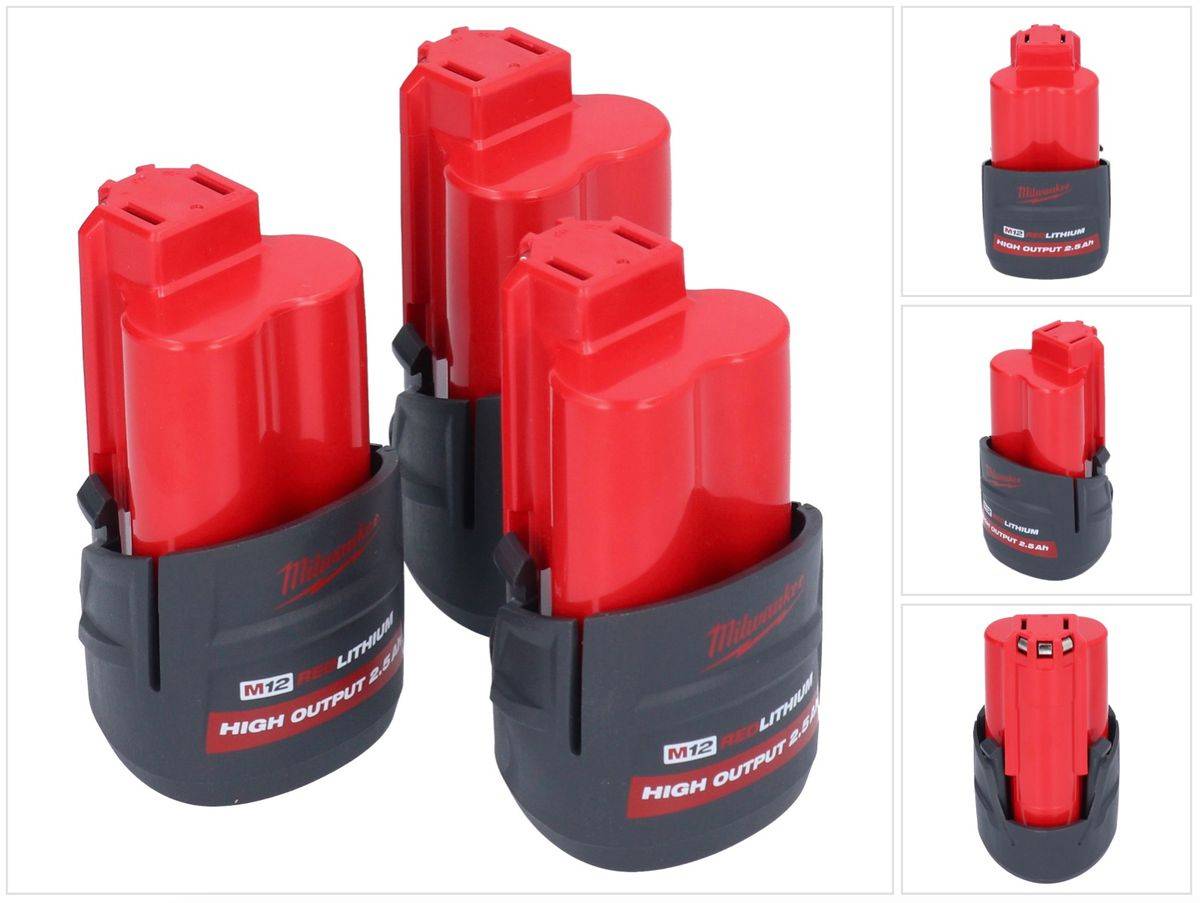 Milwaukee Akku Set 3x M12 HB2.5 High Output 12 V 2,5 Ah / 2500 mAh Li-Ion Akku ( 3x 4932480164 )