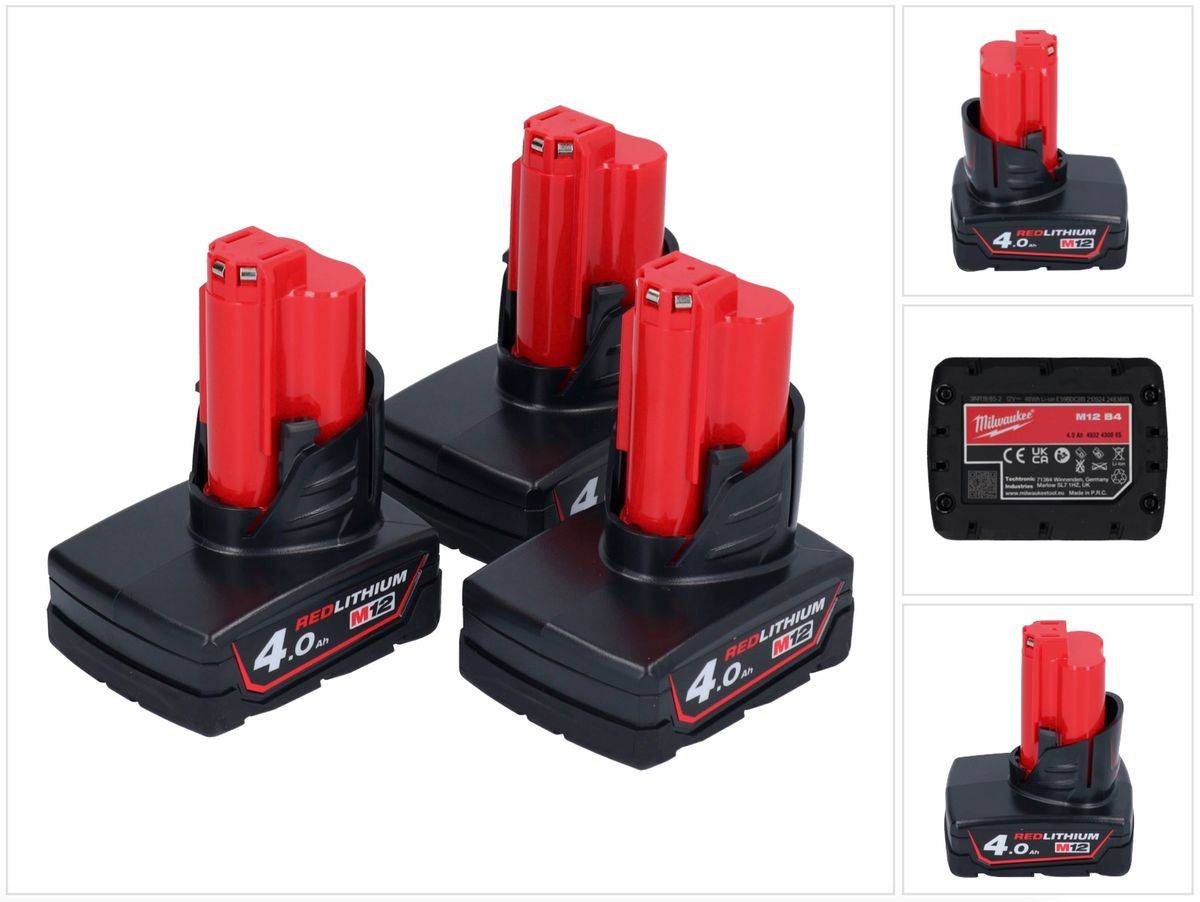 Milwaukee Akku Set 3x M12 B4 12 V 4,0 Ah / 4000 mAh Li-Ion Einschub Akku ( 3x 4932430065 )
