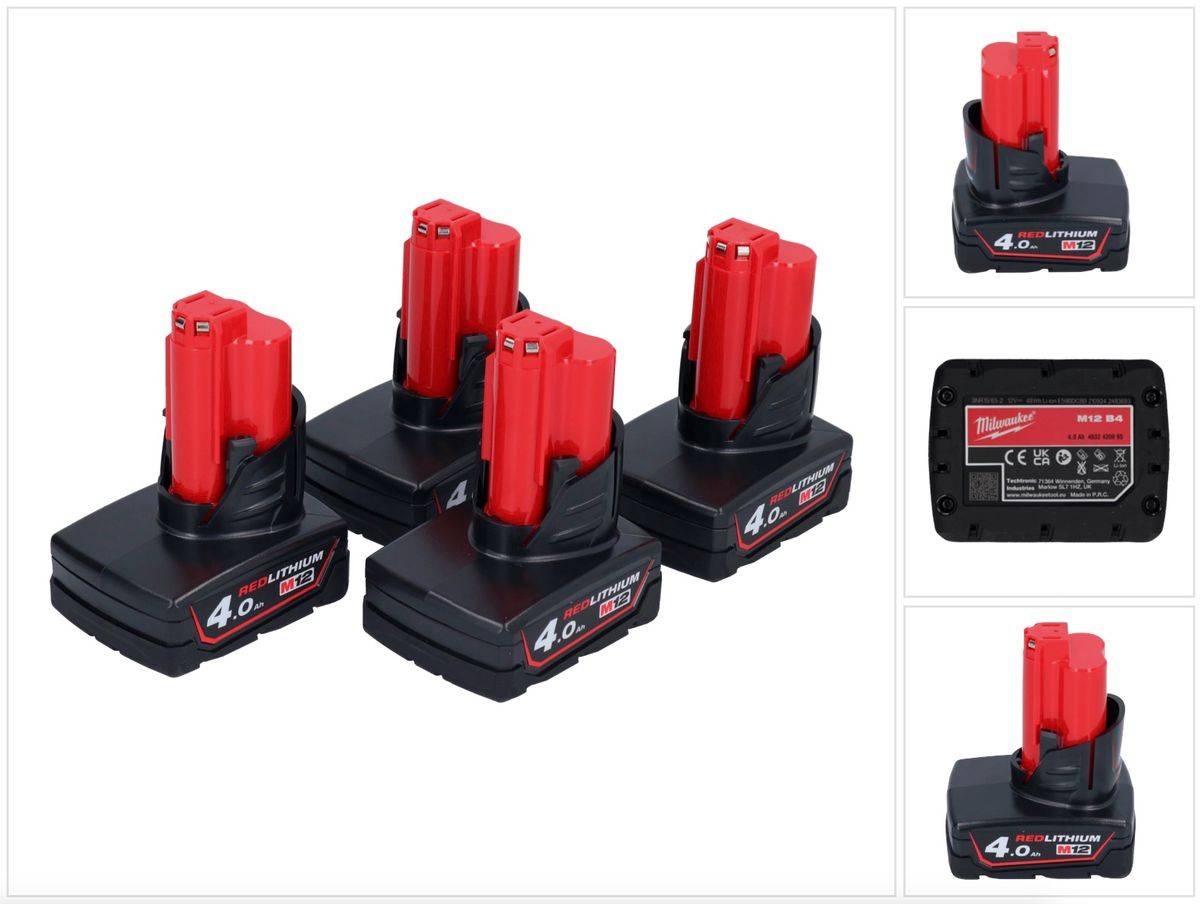 Milwaukee Akku Set 4x M12 B4 12 V 4,0 Ah / 4000 mAh Li-Ion Einschub Akku ( 4x 4932430065 )