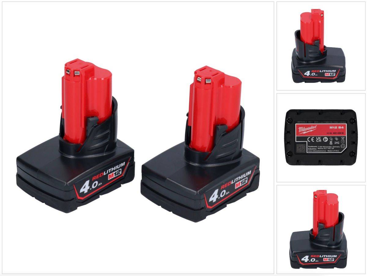 Milwaukee Akku Set 2x M12 B4 12 V 4,0 Ah / 4000 mAh Li-Ion Einschub Akku ( 2x 4932430065 )