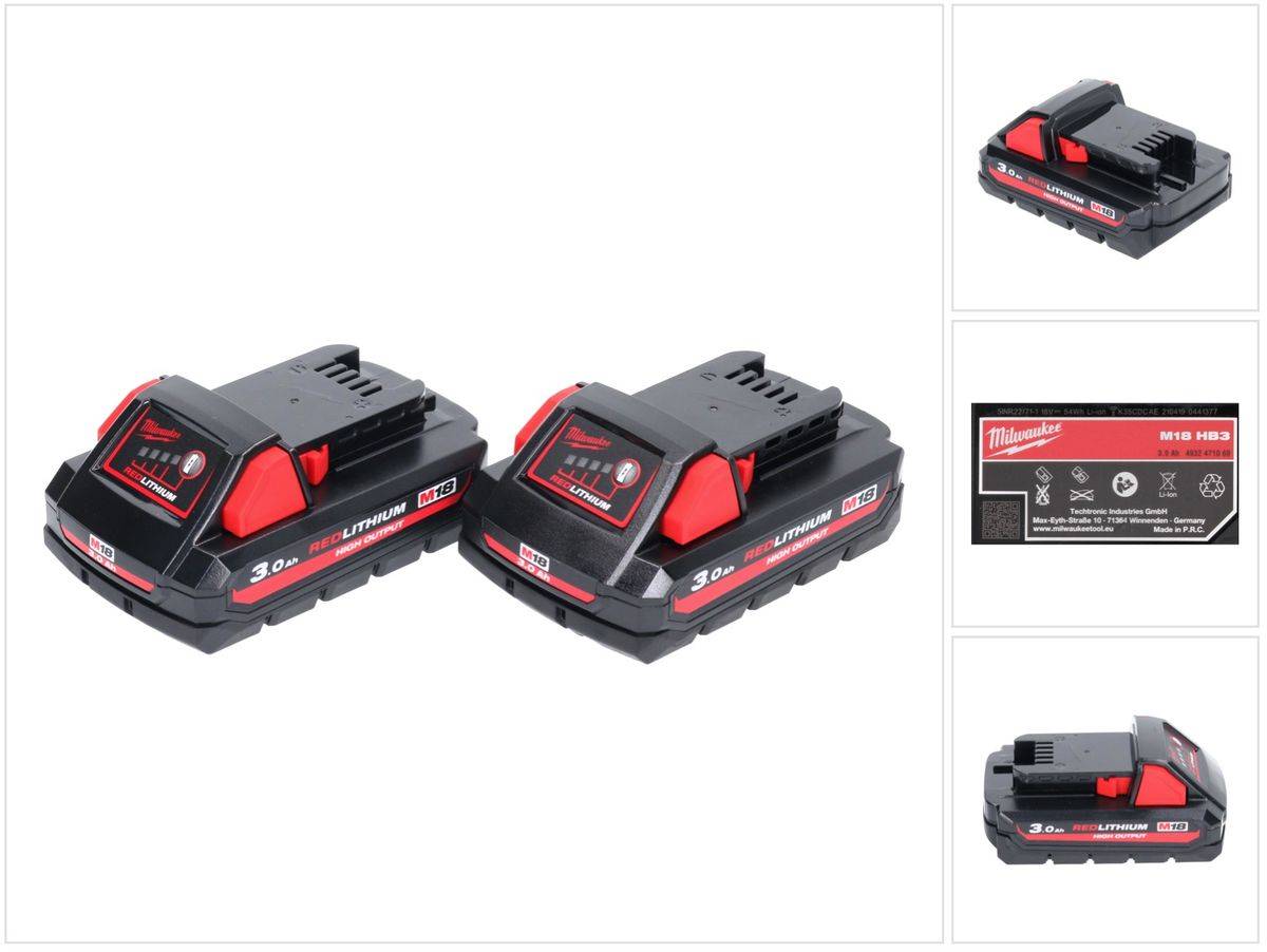 Milwaukee M18 HB3 High Output 2x 18 V 3,0 Ah / 3000 mAh Li-Ion Akku ( 2x 4932471069 ) mit Ladestandsanzeige