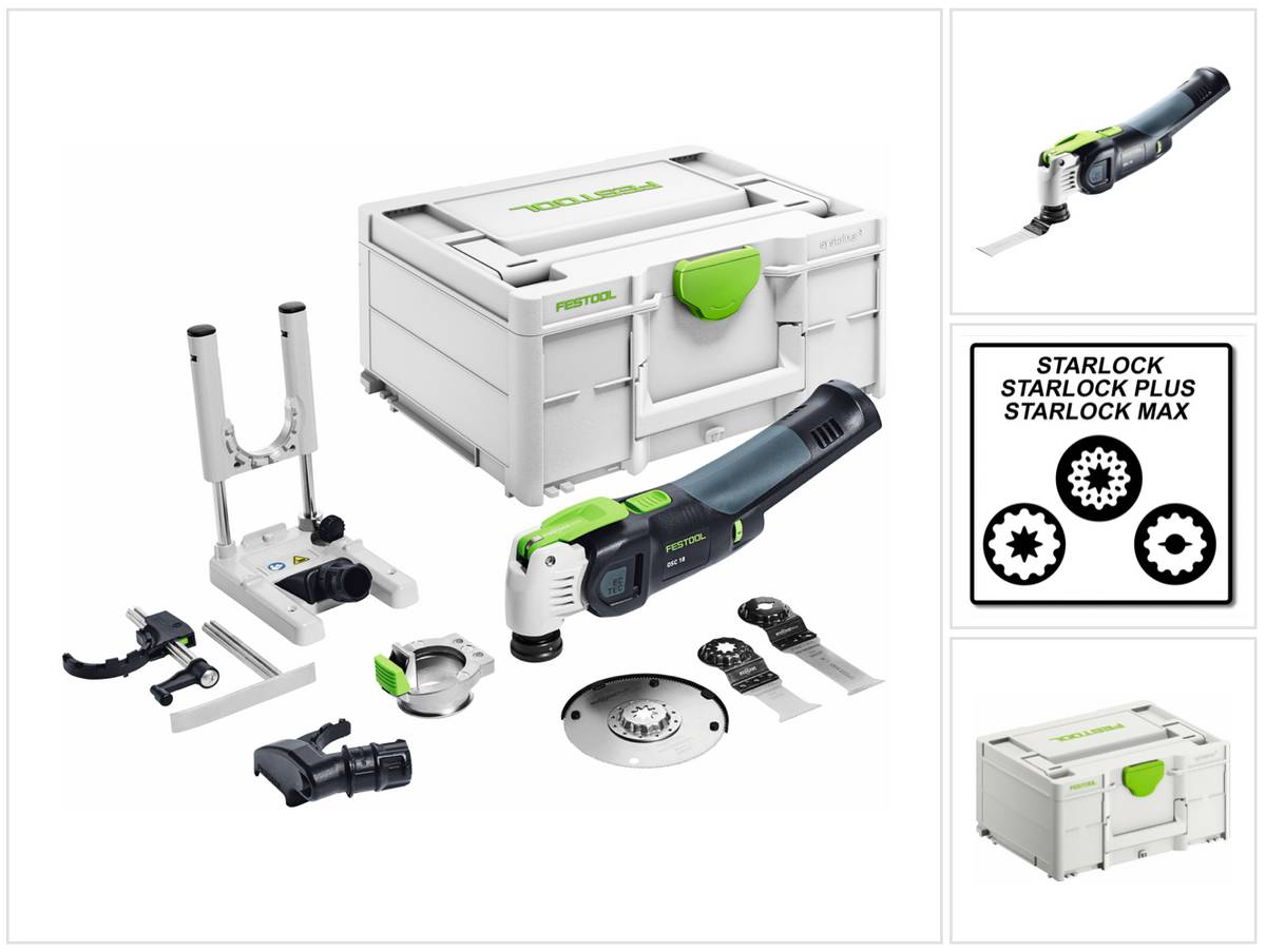 Festool VECTURO OSC 18 E-Basic Set Akku Oszillierer 18 V Starlock Max ( 576592 ) Brushless + 7 tlg. Zubehör Set + Systainer - ohne Akku, ohne