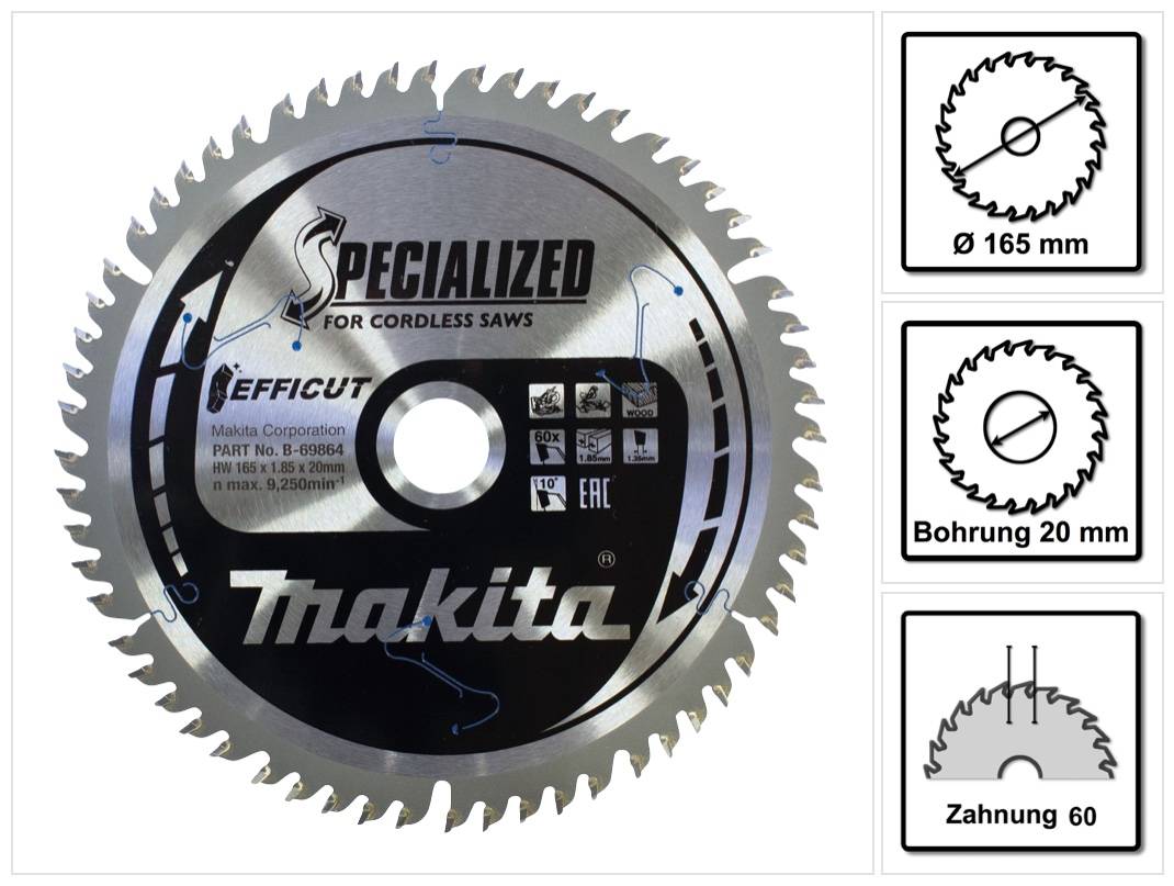 Makita CMSF16560E SPECIALIZED EFFICUT Sägeblatt 165 x 1,85 x 20 mm ( B-69864 ) 60 Zähne für Holz