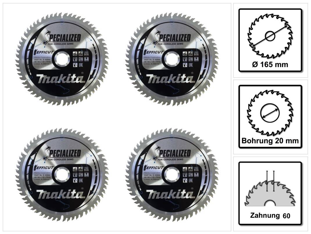 Makita CMSF16560E SPECIALIZED EFFICUT Sägeblatt 165 x 1,85 x 20 mm 4 Stk. ( 4x B-69864 ) 60 Zähne für Holz